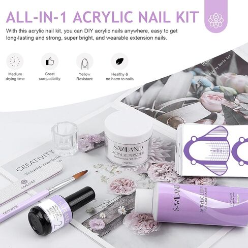 مجموعة أظافر أكريليك من سافيلاند - سائل أكريليك 118 مل ومسحوق أكريليك شفاف 2 أونصة مع فرشاة أظافر أكريليك غير حمضية، مجموعة أدوات أظافر الكل في واحد لأظافر أكريليك تمديد طويلة الأمد للمنزل in Kuwait