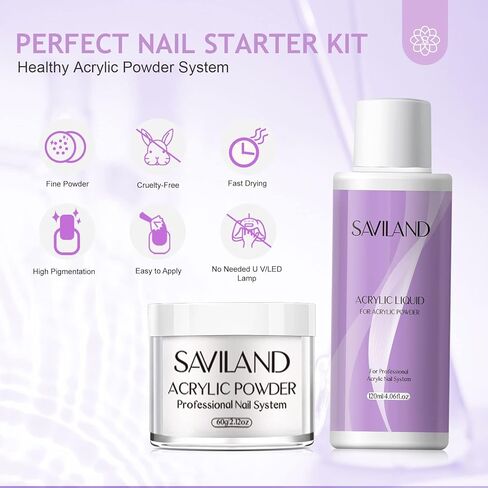 مجموعة أظافر أكريليك من سافيلاند - سائل أكريليك 118 مل ومسحوق أكريليك شفاف 2 أونصة مع فرشاة أظافر أكريليك غير حمضية، مجموعة أدوات أظافر الكل في واحد لأظافر أكريليك تمديد طويلة الأمد للمنزل in Kuwait