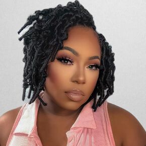 Toyotress Butterfly Locs Crochet Hair - 8 inch 7Pcs Natural Black Pre-twisted Distressed Crochet Braids, Short Bob Faux Locs Pre-looped Synthetic Braiding Hair Extensions (8 Inch, 1B-7P)