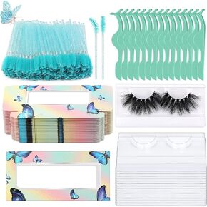 175 Pieces Lash Packaging Wholesale, Include 30 Empty Eyelashes Packaging Box, 30 False Lash Trays, 15 Eyelash Tweezers and 100 Eyelash Brush Mascara Wands Disposable (Green)