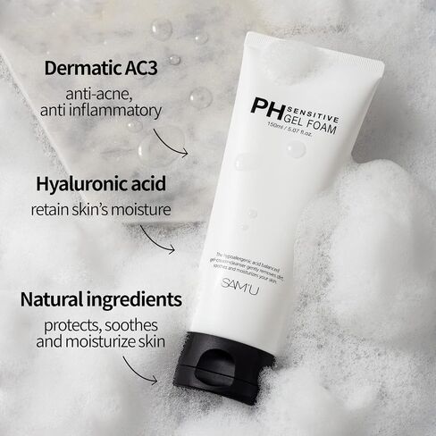 SAM’U PH Sensitive Gel Foam | Daily Face Wash for Sensitive Skin | Hydrating Facial Cleanser w/Hyaluronic Acid & Centella Asiatica | Korean Face Wash Foaming Cleanser (Pack of 1, 5.07 Fl oz.) in Saudi Arabia