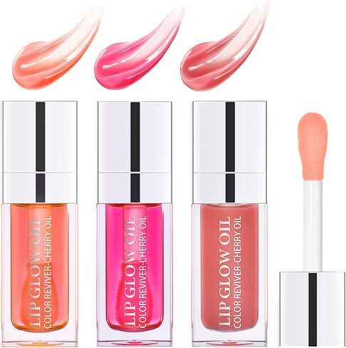 Arindar 3 PCS Plumping Lip Oil, Hydrating Lip Glow Oil Cherry, Plumper Lip Gloss Oil Set Clear, Transparent Lip Oil Tinted for Lip Care and Dry Lips, Long Lasting Nourishing Lip Glow Oil in Saudi Arabia