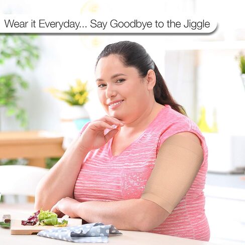 2 Pairs Arm Slimming Shapers For Women - Upper Arm Compression Sleeve To Tone Arms - Arm Wraps For Flabby Arms - Helps Shape Upper Arms Ideal For Plus Size Women (Black + Beige) in Saudi Arabia