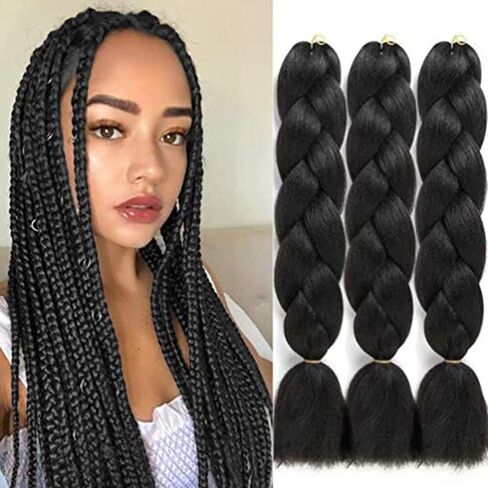 Cerisun Braiding Hair Extensions 24 Inch, Kanekalon Jumbo Braid, 3Pcs/Lot High Temperature Synthetic Fiber Hair Extensions for Box Braids Braiding Hair （1B） in Saudi Arabia