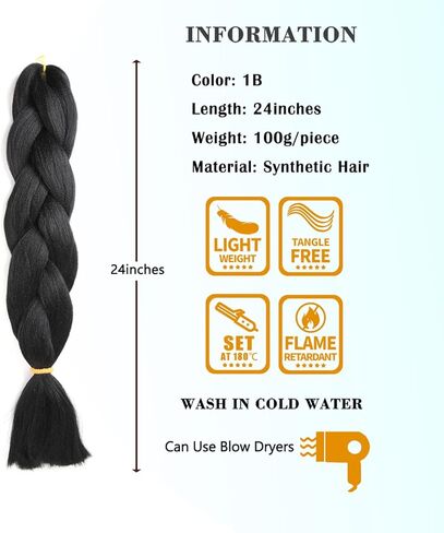 Cerisun Braiding Hair Extensions 24 Inch, Kanekalon Jumbo Braid, 3Pcs/Lot High Temperature Synthetic Fiber Hair Extensions for Box Braids Braiding Hair （1B） in Saudi Arabia