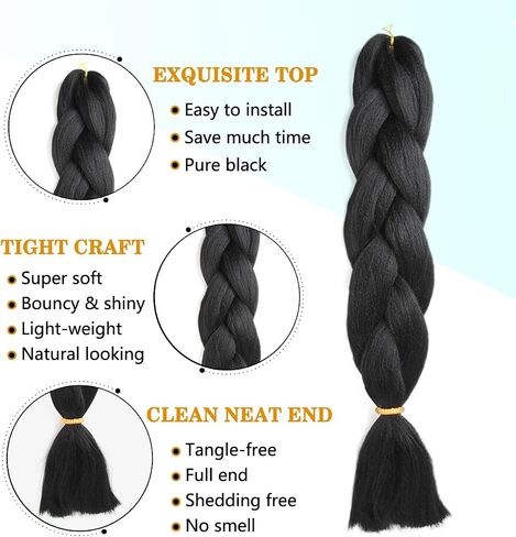 Cerisun Braiding Hair Extensions 24 Inch, Kanekalon Jumbo Braid, 3Pcs/Lot High Temperature Synthetic Fiber Hair Extensions for Box Braids Braiding Hair （1B） in Saudi Arabia