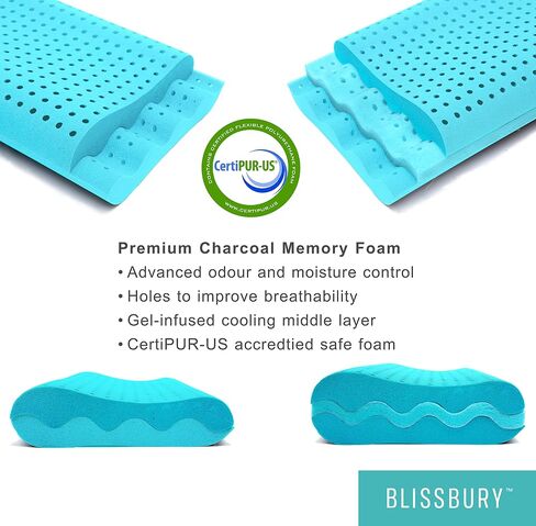 BLISSBURY Contour Pillow, Sandwich Memory Foam Contour Pillow | Curved Pillow for Neck Pain, Neck Support for Back, Stomach, Side Sleepers - Includes a Bamboo Case & Hypoallergenic Charcoal Foam in Saudi Arabia