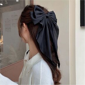 Vintage Large Silk Bow Hair Clip Barrette French Silk Bow Head Clip Black Ribbon Bow Hair Barrette Headpieces Silk Bow Hair Accessories for Women (Black)