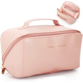 Travel Makeup Bag, Large Open Flat Cosmetic Bags for Women and Girls Vegan PU Leather Waterproof Toiletry Bag Portable Make Up Case Organizer with Zipper Pouch & Handle (Pink) in Saudi Arabia