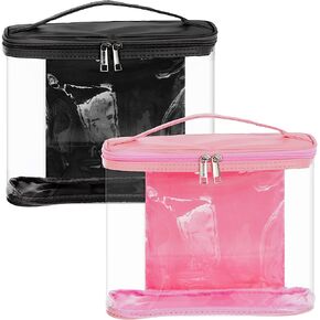 Wobe قطعتان من حقائب السفر الشفافة لحقيبة مستحضرات التجميل الشفافة لأدوات الزينة مع سحاب ومقبض مقاوم للماء ومضاد للتسرب وحقيبة تخزين بلاستيكية للحمام في العطلات (أسود، وردي) in Kuwait