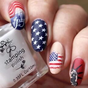 24 Pcs 4th of July Long Press on Nails Pointed Almond Fake Nails with American Flag Star Red Lips Patriotic Design Cute Acrylic Nails Full Cover Glue on Nails Independence Day False Nails for Women