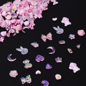 100PCS Nail Charms for Acrylic Nails 3D Resin Butterfly Bear Nail Charms Butterfly Bow Bear Rose Flower Peach Heart Rabbit Shaped Crystals Gems Nail Art Rhinestones for Decorations DIY Crafting(Pink) in Saudi Arabia