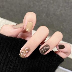 Stick on Finger Nails with Designs, 24Pcs Full Cover Reusable False Nails Kits, Glue on Nails Short Square, Artificial Fingernails Acrylic Fake Nails for Women, Press on Nails Coffin Shape（R257） in Saudi Arabia