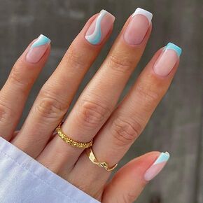 24 Pcs YoYoee Square Press on Nails Short French False Nails Acrylic Nails Swirl Fake Nails Blue Nails for Womon and Girle in Kuwait