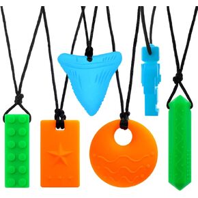 Sensory Chew Necklace,Oral Motor Therapy Tool,Silicone Chewy Necklaces for with Autism, ADHD, SPD, Chewing, People with occlusal Needs, etc.(Green-Blue-Orange)