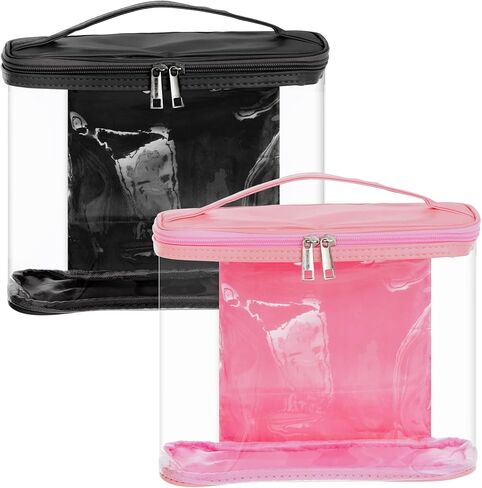 Wobe قطعتان من حقائب السفر الشفافة لحقيبة مستحضرات التجميل الشفافة لأدوات الزينة مع سحاب ومقبض مقاوم للماء ومضاد للتسرب وحقيبة تخزين بلاستيكية للحمام في العطلات (أسود، وردي) in Kuwait