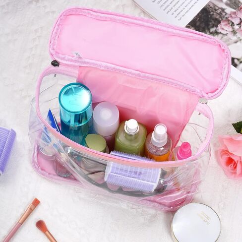 Wobe قطعتان من حقائب السفر الشفافة لحقيبة مستحضرات التجميل الشفافة لأدوات الزينة مع سحاب ومقبض مقاوم للماء ومضاد للتسرب وحقيبة تخزين بلاستيكية للحمام في العطلات (أسود، وردي) in Kuwait