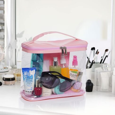 Wobe قطعتان من حقائب السفر الشفافة لحقيبة مستحضرات التجميل الشفافة لأدوات الزينة مع سحاب ومقبض مقاوم للماء ومضاد للتسرب وحقيبة تخزين بلاستيكية للحمام في العطلات (أسود، وردي) in Kuwait