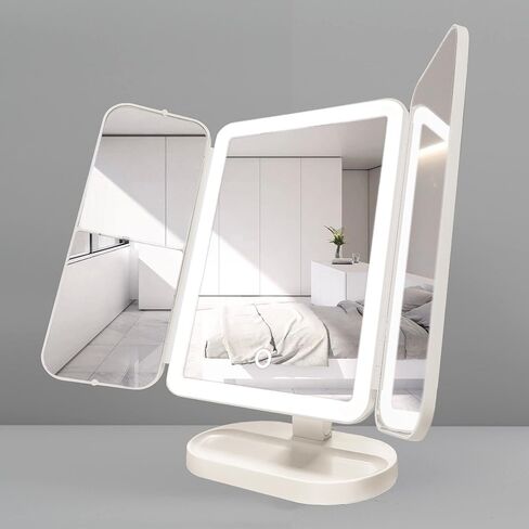 CIETÖ Vanity Mirror with Lights, Lighted Makeup Mirror with 2X and 3X Magnification, Rechargeable Light up Mirror with 70 Dimmable LED Beads, 3-Color Temperature, Cosmetic Organizer Base, White in Saudi Arabia