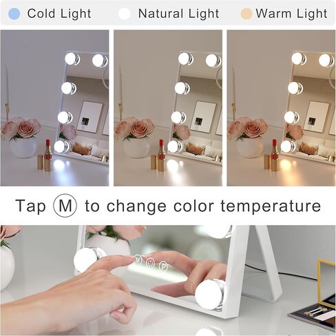 مراة فانيتي هوليوود مع اضواء من لينكثاي - مراة مكياج مضيئة مع تكبير 10 اضعاف - مراة مستحضرات تجميل مع 9 مصابيح LED قابلة للتعتيم و3 اوضاع تغيير اللون - ابيض in Kuwait