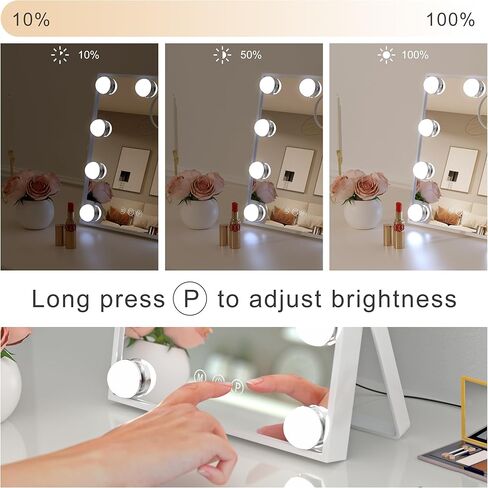 مراة فانيتي هوليوود مع اضواء من لينكثاي - مراة مكياج مضيئة مع تكبير 10 اضعاف - مراة مستحضرات تجميل مع 9 مصابيح LED قابلة للتعتيم و3 اوضاع تغيير اللون - ابيض in Kuwait