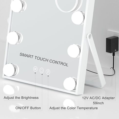 مراة فانيتي هوليوود مع اضواء من لينكثاي - مراة مكياج مضيئة مع تكبير 10 اضعاف - مراة مستحضرات تجميل مع 9 مصابيح LED قابلة للتعتيم و3 اوضاع تغيير اللون - ابيض in Kuwait