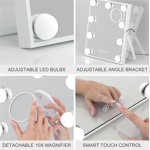مراة فانيتي هوليوود مع اضواء من لينكثاي - مراة مكياج مضيئة مع تكبير 10 اضعاف - مراة مستحضرات تجميل مع 9 مصابيح LED قابلة للتعتيم و3 اوضاع تغيير اللون - ابيض in Kuwait