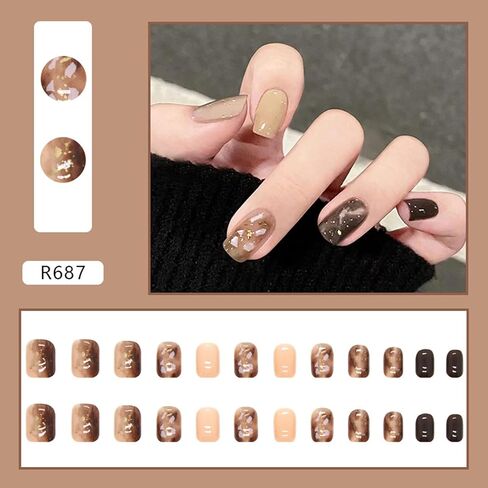 Stick on Finger Nails with Designs, 24Pcs Full Cover Reusable False Nails Kits, Glue on Nails Short Square, Artificial Fingernails Acrylic Fake Nails for Women, Press on Nails Coffin Shape（R257） in Saudi Arabia