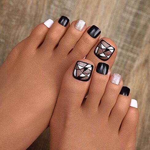 Campsis Glitter Fake Toenails Black Square Press on Toe Nails Acrylic Full Cover False Nails for Toe for Women and Girls (Pack of 24) in Saudi Arabia