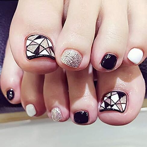 Campsis Glitter Fake Toenails Black Square Press on Toe Nails Acrylic Full Cover False Nails for Toe for Women and Girls (Pack of 24) in Saudi Arabia