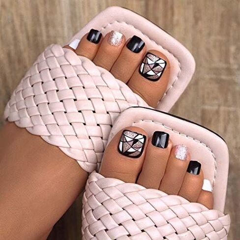 Campsis Glitter Fake Toenails Black Square Press on Toe Nails Acrylic Full Cover False Nails for Toe for Women and Girls (Pack of 24) in Saudi Arabia
