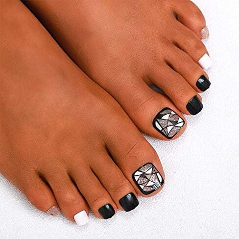Campsis Glitter Fake Toenails Black Square Press on Toe Nails Acrylic Full Cover False Nails for Toe for Women and Girls (Pack of 24) in Saudi Arabia