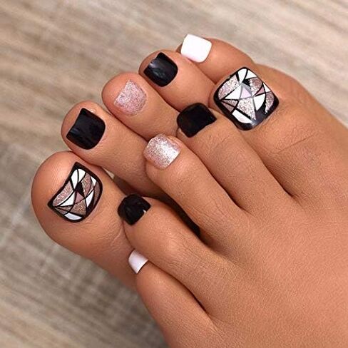 Campsis Glitter Fake Toenails Black Square Press on Toe Nails Acrylic Full Cover False Nails for Toe for Women and Girls (Pack of 24) in Saudi Arabia