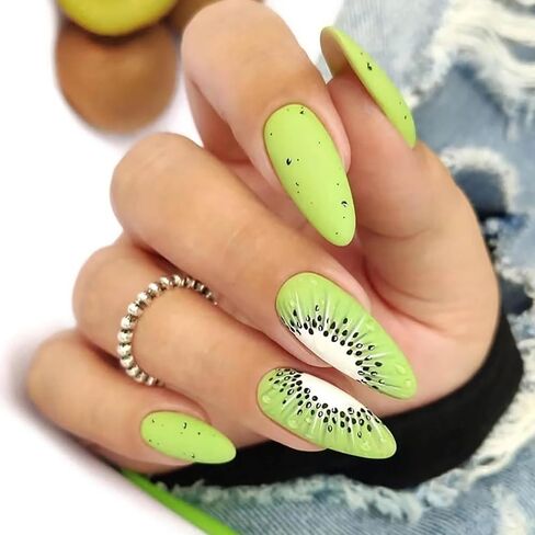Aeeo Almond Press on Nails Green Medium Fake Nails with Design Cute Glue on Nails Oval False Nails Kiwi Acrylic Summer Artificial Nails for Women Girls in Saudi Arabia