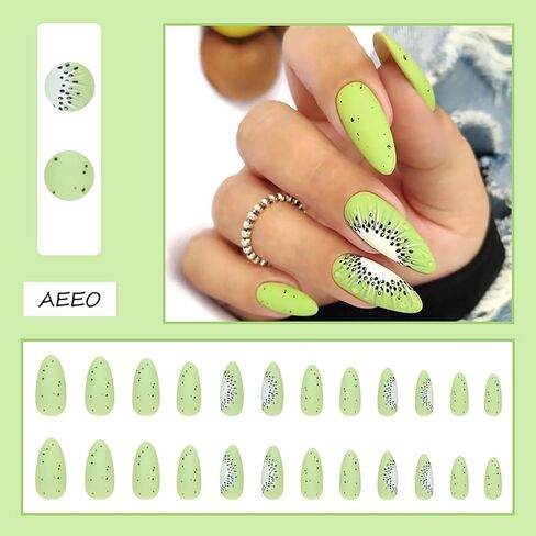 Aeeo Almond Press on Nails Green Medium Fake Nails with Design Cute Glue on Nails Oval False Nails Kiwi Acrylic Summer Artificial Nails for Women Girls in Saudi Arabia