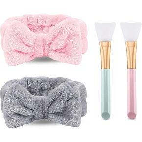 عصابات رأس سبا من NYKKOLA مكونة من قطعتين، عصابة رأس مرنة من الصوف المرجاني مع 2 فرشاة قناع وجه من السيليكون، للنساء والفتيات اللاتي يغسلن الوجه والعناية بالبشرة والرياضة. (رمادي، وردي) in Kuwait