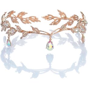 SWEETV Rhinestone Leaf Wedding Crown Headband for Brides, Crystal Pendent Fairy Tiara Headband for Wedding Prom Birthday