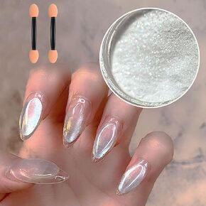 2 Jars White Pearl Nail Powder Pearlescent Nail Pigment High Gloss Glitter Aurora Nail Art Glitter Sequins Chrome Iridescent Pigment DIY Sparkly Paillette Charm Flakes Gel Polish Nail Decorations