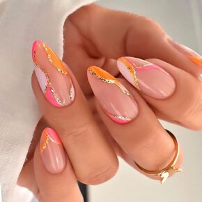 French Almond Press on Nails Spring Summer Fresh Cute Flowers Gold Stripe Wave Design Black Fake Nails Frosted Glued Full Coverage False Nails Women Girls