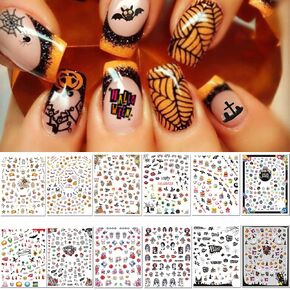 1000 Pcs Halloween Nail Decals Stickers, Self-adhesive DIY Nail Art Tips Stencil for Halloween Party, Include Pumpkin/Bat/Ghost/Witch (12 Sheets) in Kuwait
