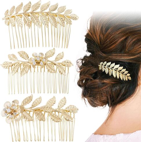 PAGOW 3 PCS Leaf Hair Combs, Gold Rhinestone Pearl Hair Comb Clips, Hair Side Comb Clips, Faux Pearl Crystal Wedding Headpiece Hair Accessories For Women, Girls, Bride, Bridesmaid (3 Different Size) in Saudi Arabia