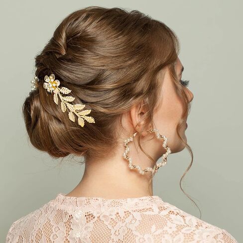 PAGOW 3 PCS Leaf Hair Combs, Gold Rhinestone Pearl Hair Comb Clips, Hair Side Comb Clips, Faux Pearl Crystal Wedding Headpiece Hair Accessories For Women, Girls, Bride, Bridesmaid (3 Different Size) in Saudi Arabia