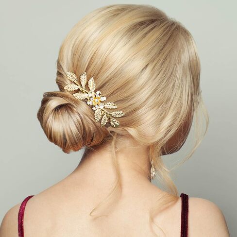 PAGOW 3 PCS Leaf Hair Combs, Gold Rhinestone Pearl Hair Comb Clips, Hair Side Comb Clips, Faux Pearl Crystal Wedding Headpiece Hair Accessories For Women, Girls, Bride, Bridesmaid (3 Different Size) in Saudi Arabia