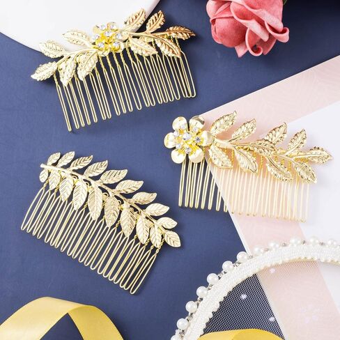 PAGOW 3 PCS Leaf Hair Combs, Gold Rhinestone Pearl Hair Comb Clips, Hair Side Comb Clips, Faux Pearl Crystal Wedding Headpiece Hair Accessories For Women, Girls, Bride, Bridesmaid (3 Different Size) in Saudi Arabia