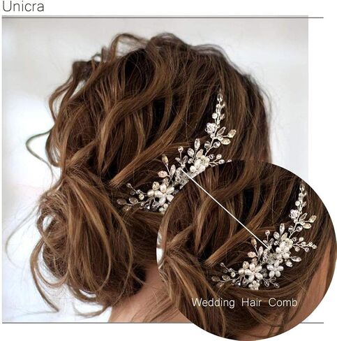 مشط شعر زفاف من Unicra Bride مصنوع من الكريستال ومشط جانبي فضي من اللؤلؤ للنساء والفتيات (فضي) in Kuwait