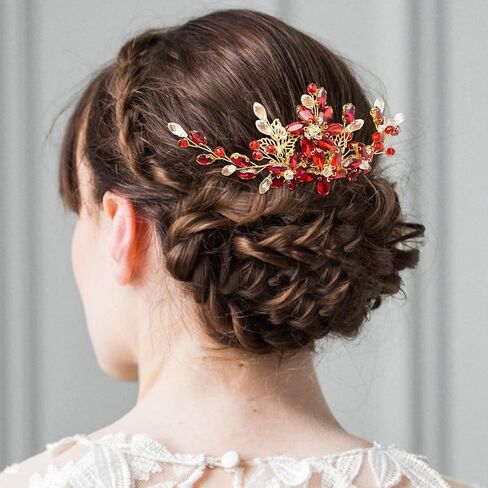 BETITETO Red Crystal Bridal Hair Piece with Comb Gold Vine Flower Hair Accessories for Wedding Women Girls in Saudi Arabia