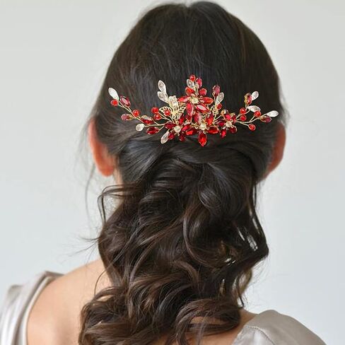 BETITETO Red Crystal Bridal Hair Piece with Comb Gold Vine Flower Hair Accessories for Wedding Women Girls in Saudi Arabia