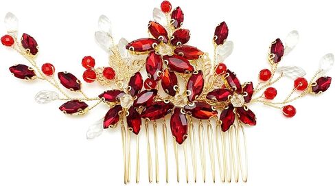 BETITETO Red Crystal Bridal Hair Piece with Comb Gold Vine Flower Hair Accessories for Wedding Women Girls in Saudi Arabia