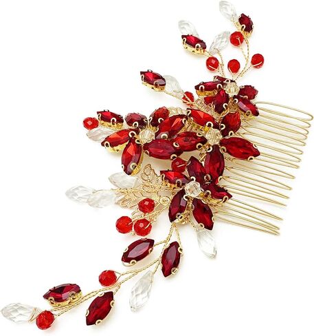 BETITETO Red Crystal Bridal Hair Piece with Comb Gold Vine Flower Hair Accessories for Wedding Women Girls in Saudi Arabia