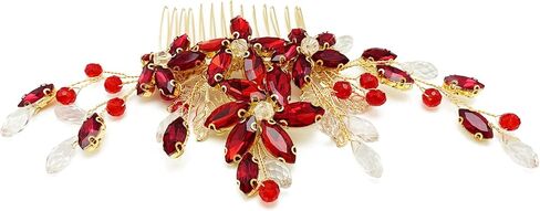 BETITETO Red Crystal Bridal Hair Piece with Comb Gold Vine Flower Hair Accessories for Wedding Women Girls in Saudi Arabia
